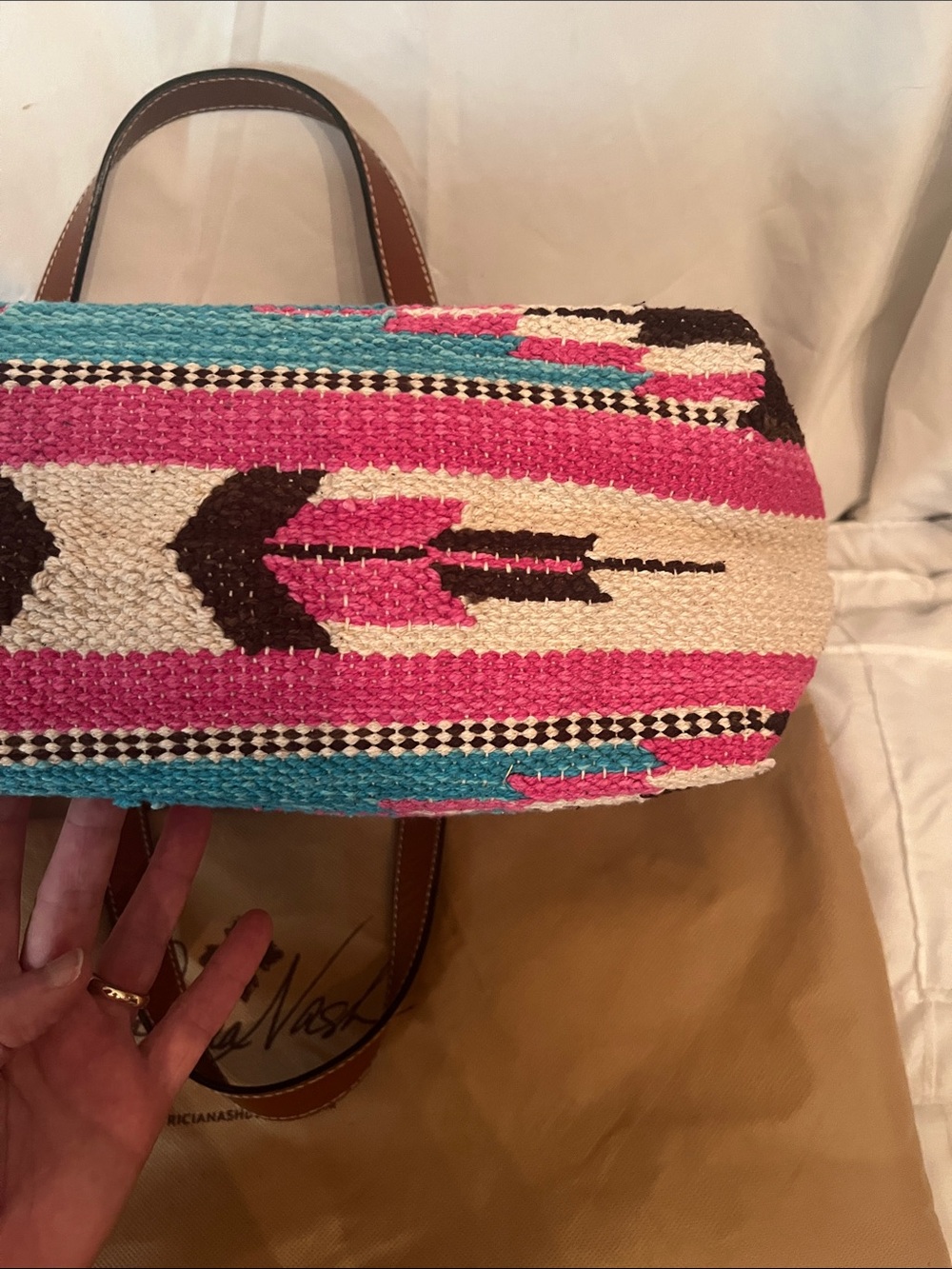 Patricia Nash Pink Turquoise Woven Stripe Tote with Brown Leather Handles - Picture 13 of 15